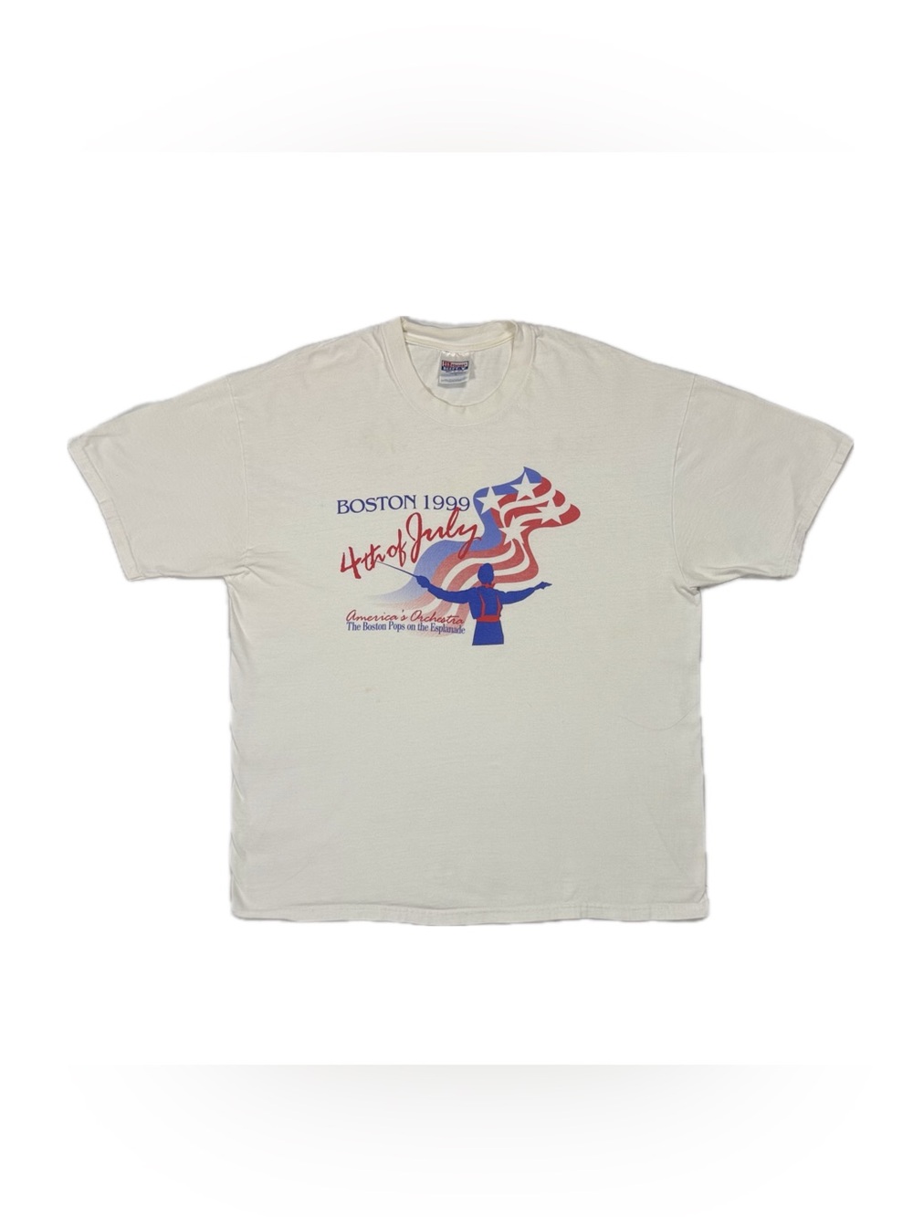 Vtg 1999 Hanes Beefy White Red Blue USA Flag Boston 4th Of July T Shirt Men XL